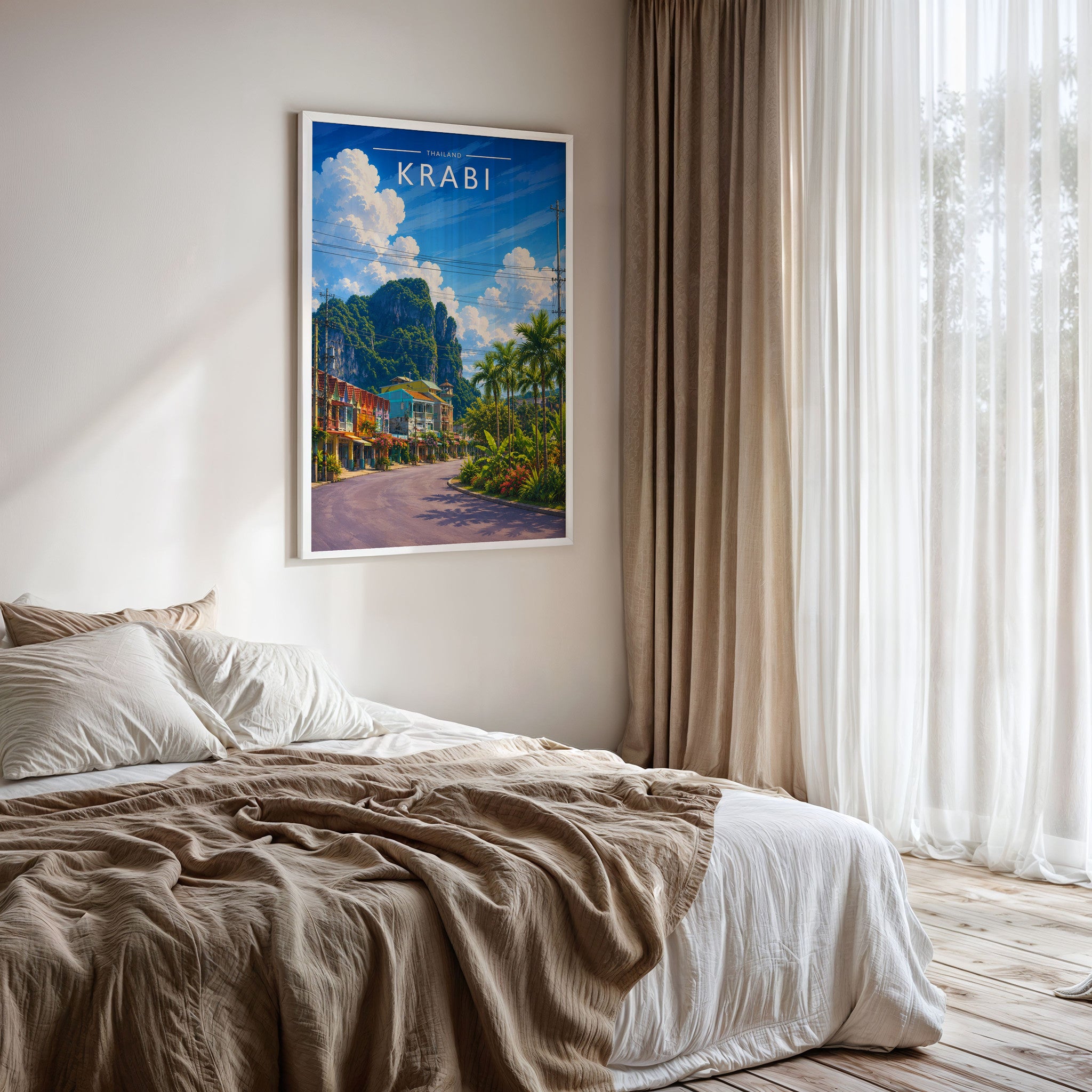 Krabi #3 Travel Poster framed on a bedroom wall