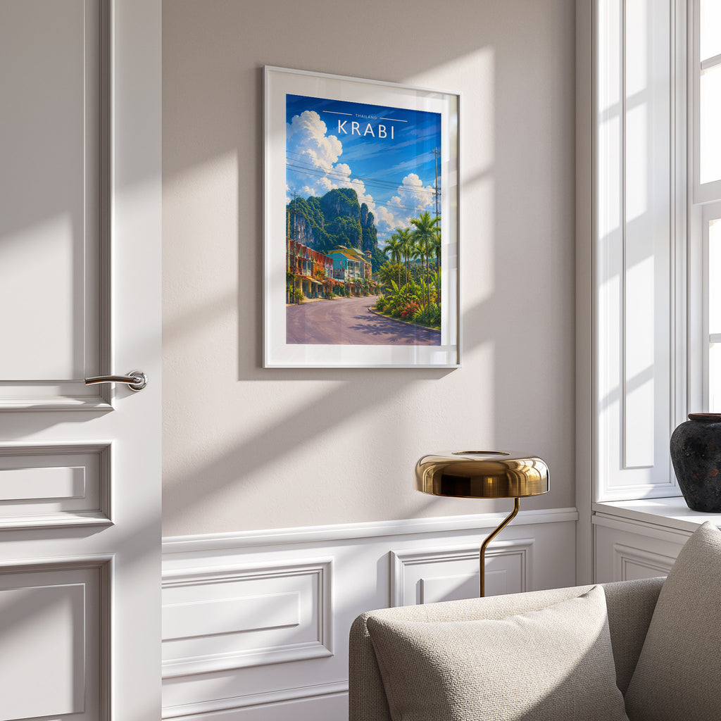 Krabi #3 Travel Poster in a white frame on a panelled wall