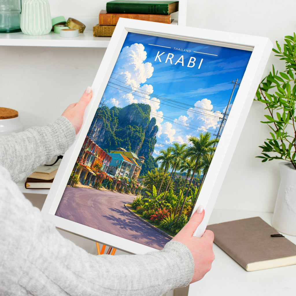 Krabi #3 Travel Poster in a white frame, held to show scale