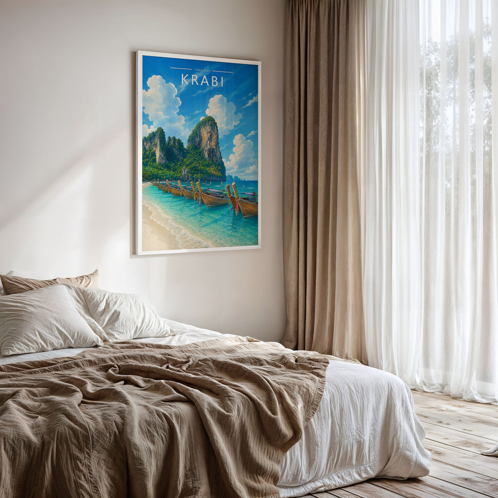 Krabi #4 Travel Poster framed on a bedroom wall