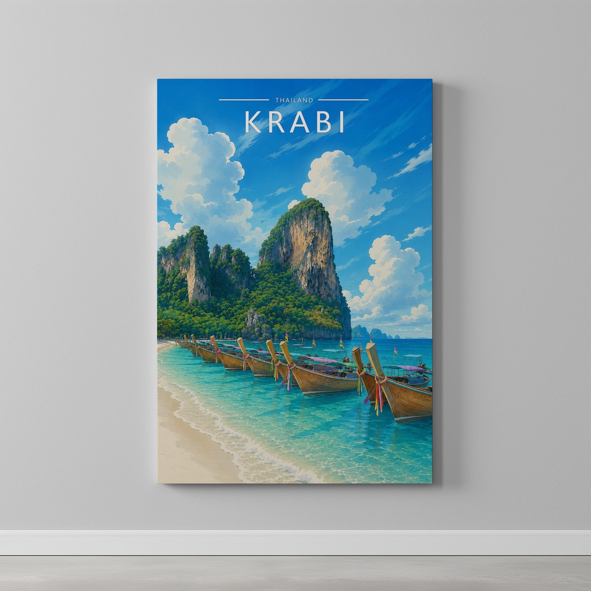 Krabi #4 Travel Poster as a gallery-wrapped canvas on a plain wall