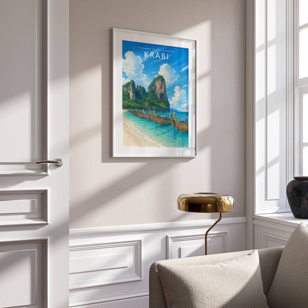 Krabi #4 Travel Poster in a white frame on a panelled wall