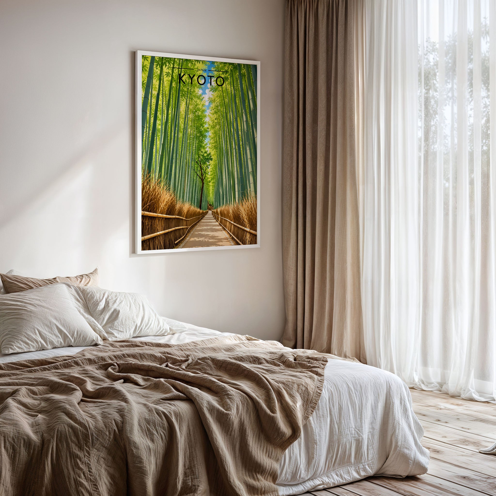 Kyoto Travel Poster framed on a bedroom wall