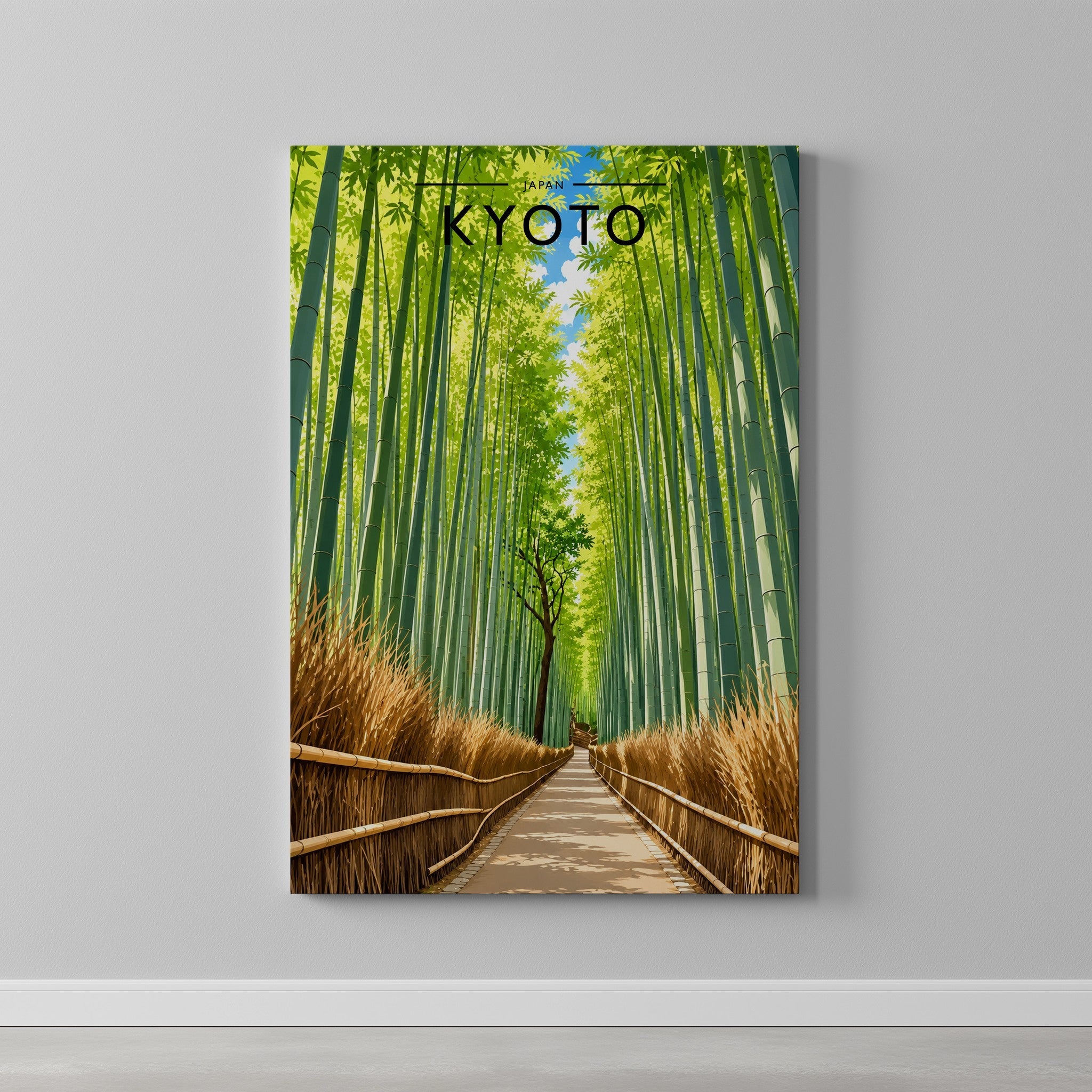 Kyoto Travel Poster as a gallery-wrapped canvas on a plain wall