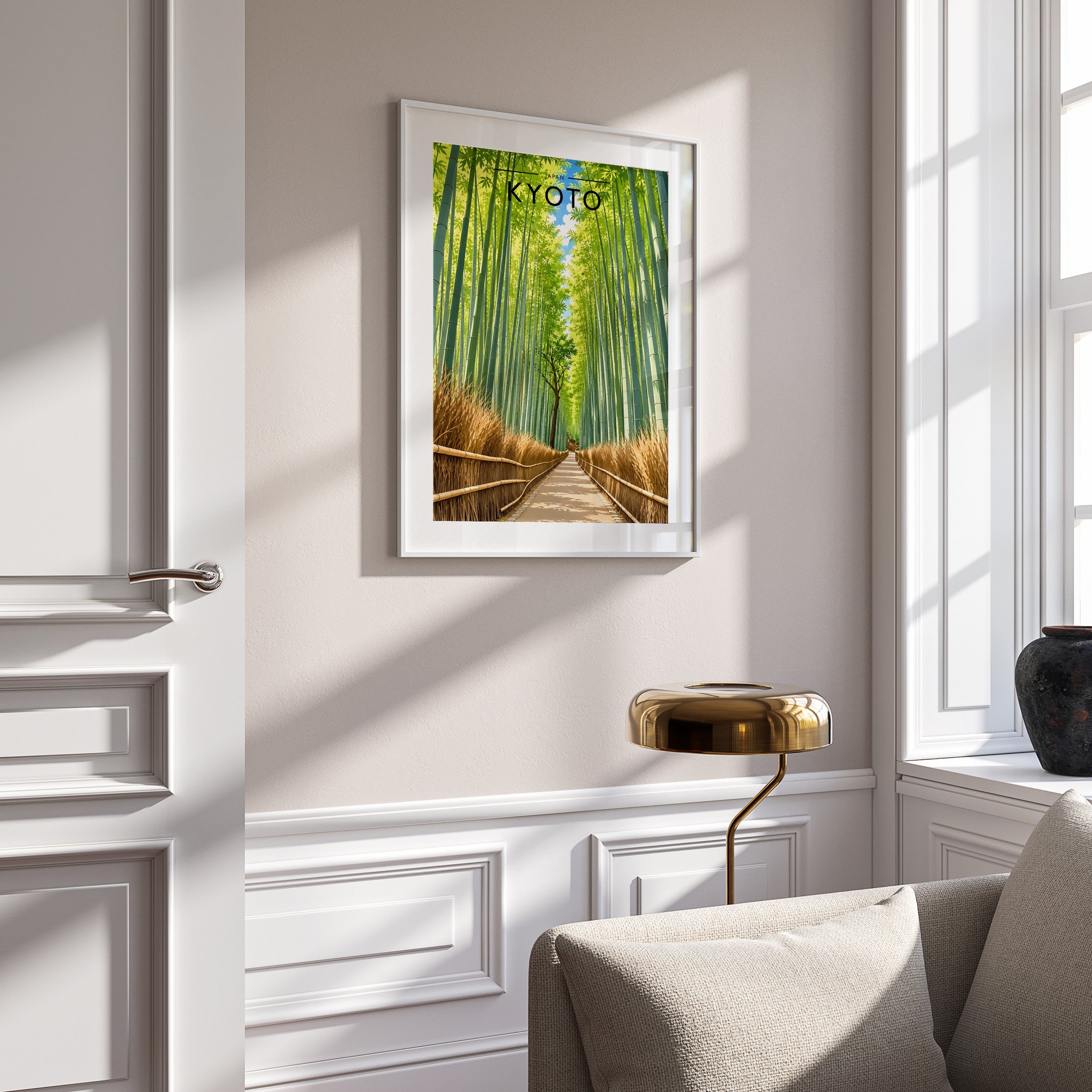 Kyoto Travel Poster in a white frame on a panelled wall