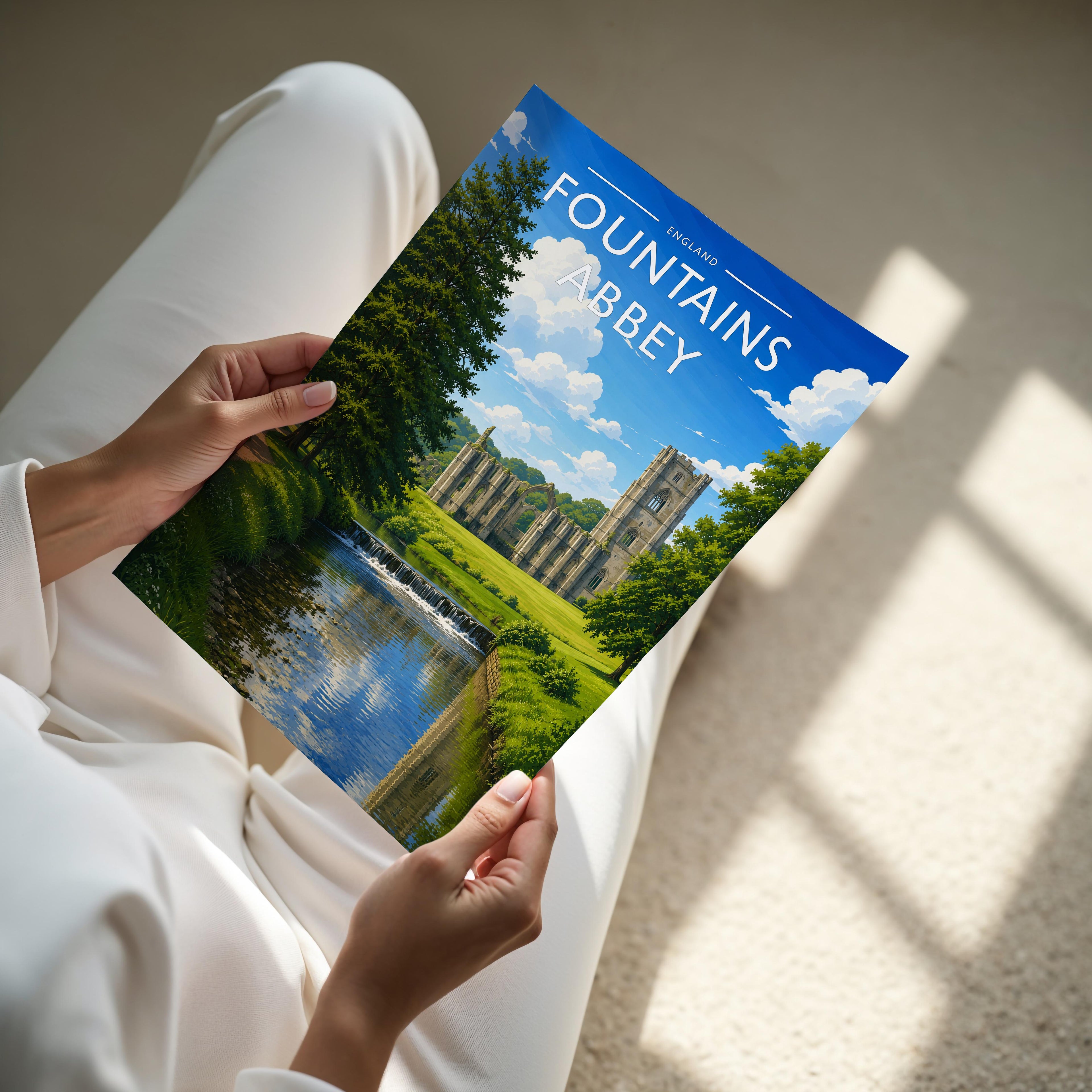 Fountains Abbey Travel Poster - A4 print held in hand