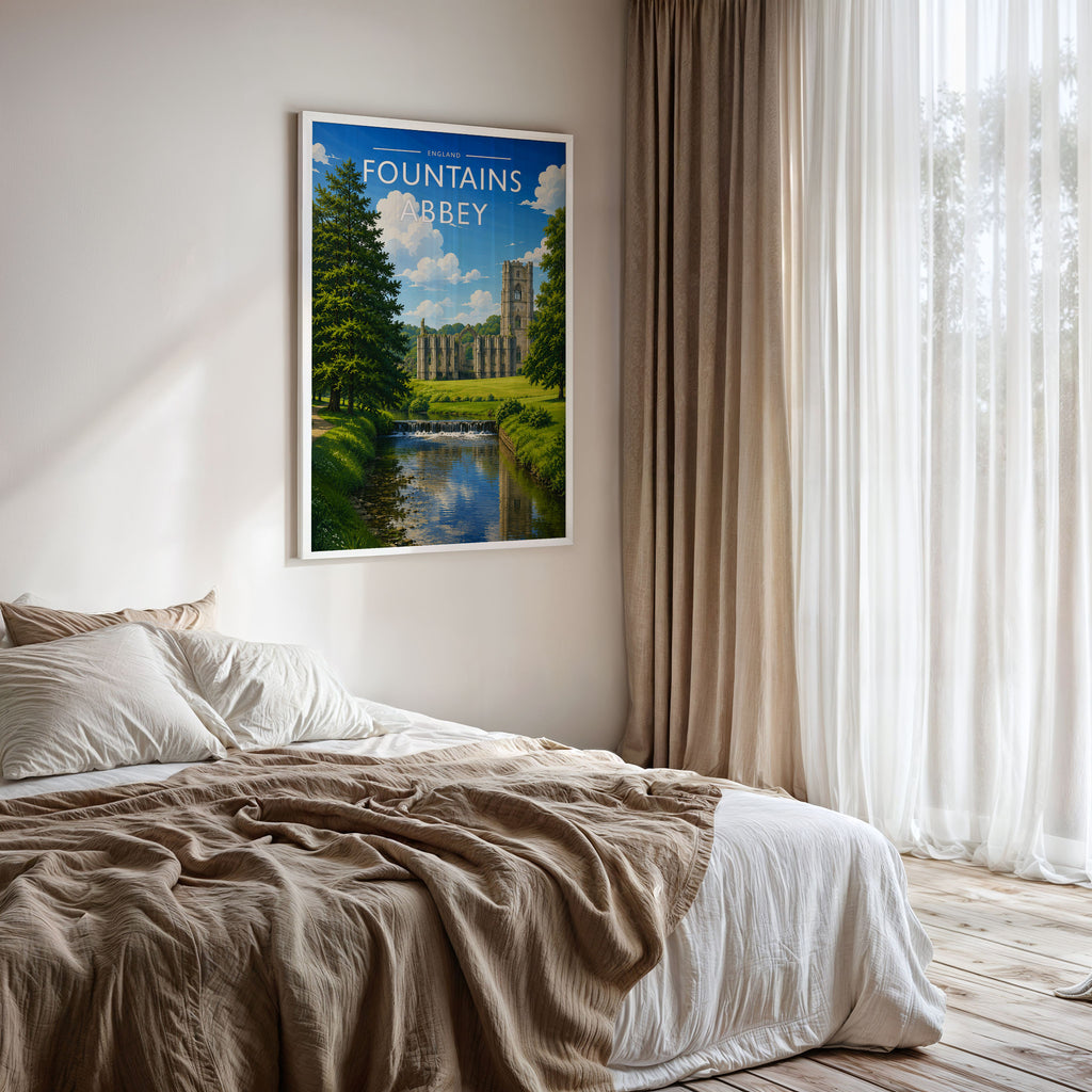 Fountains Abbey Travel Poster framed on a bedroom wall