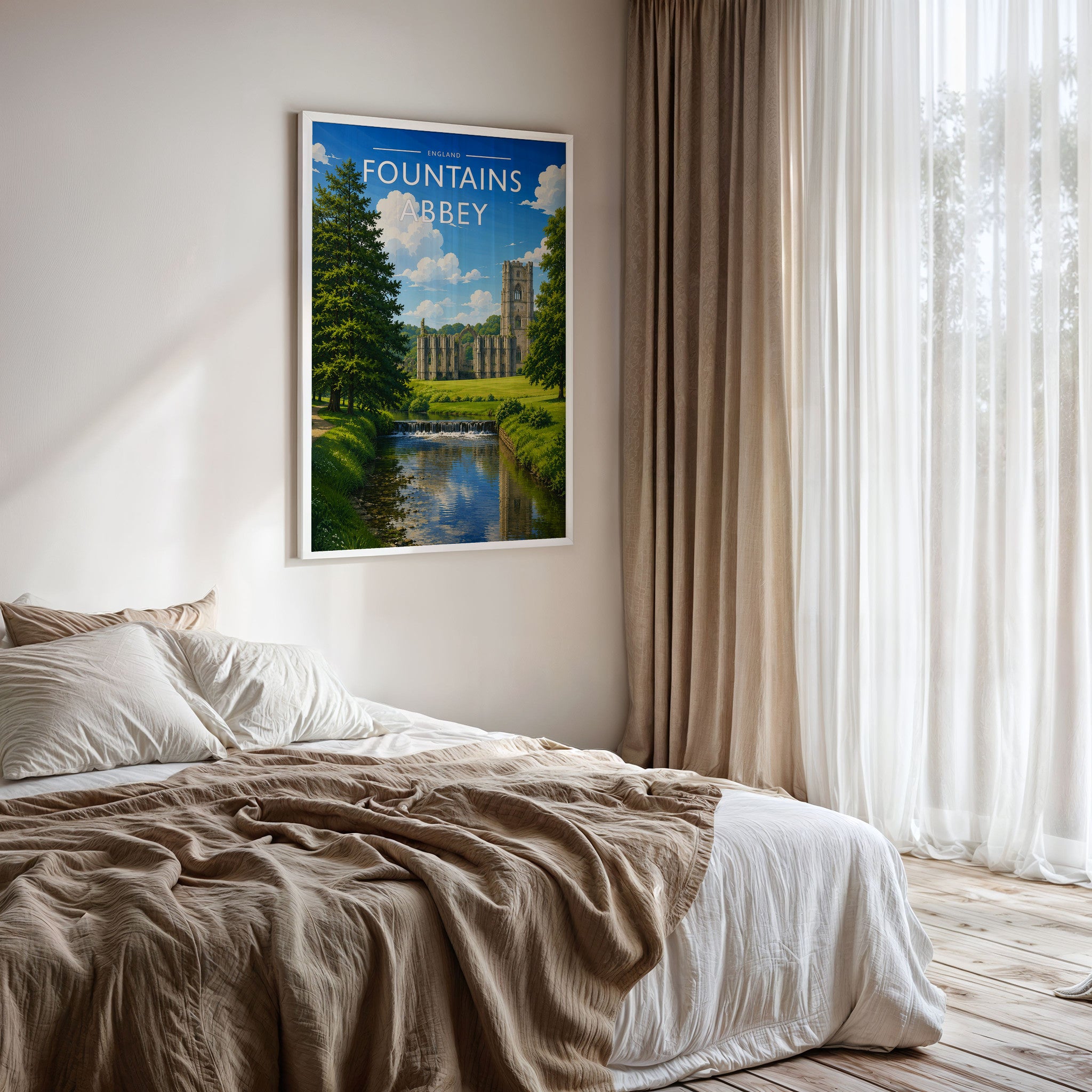 Fountains Abbey Travel Poster framed on a bedroom wall