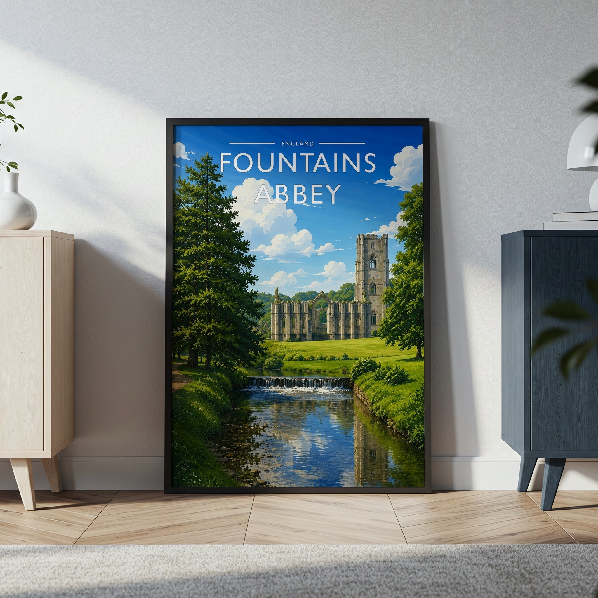Fountains Abbey Travel Poster in a black frame