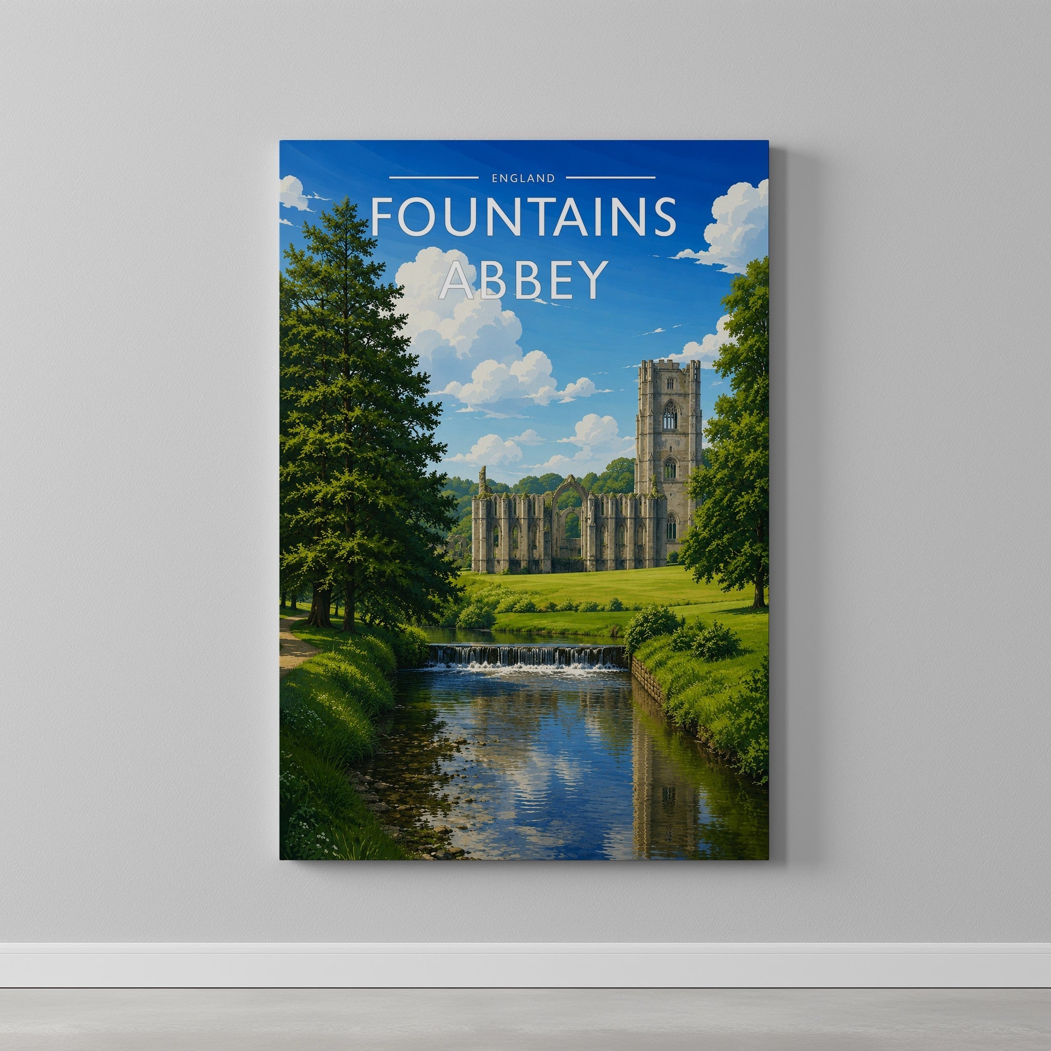 Fountains Abbey Travel Poster as a gallery-wrapped canvas on a plain wall