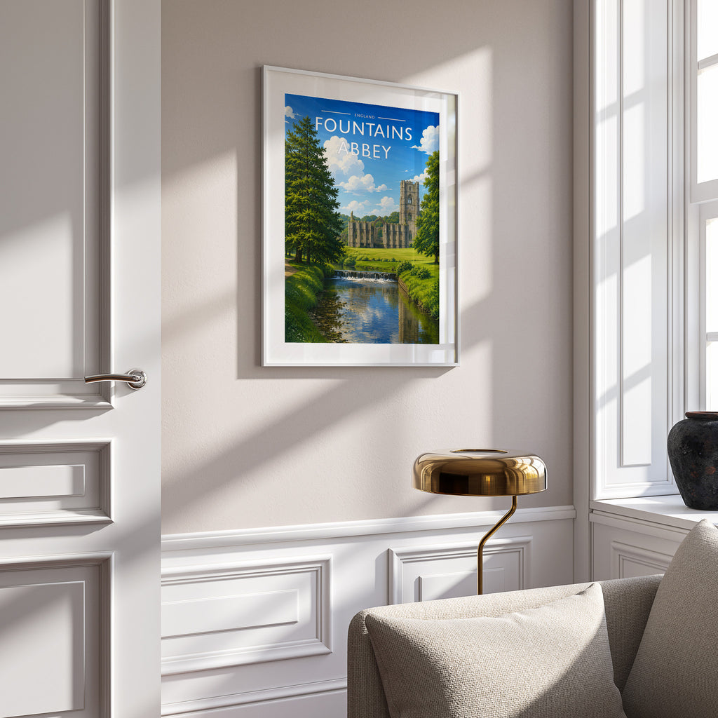 Fountains Abbey Travel Poster in a white frame on a panelled wall