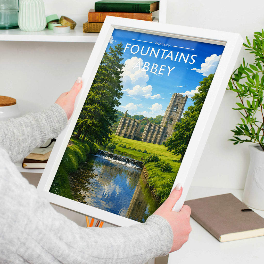 Fountains Abbey Travel Poster in a white frame, held to show scale