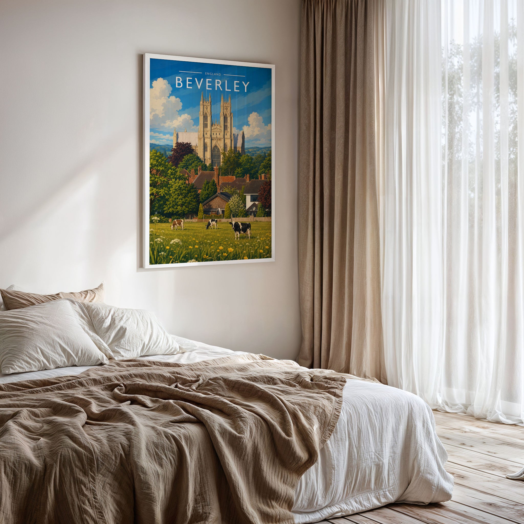 Beverley Travel Poster framed on a bedroom wall