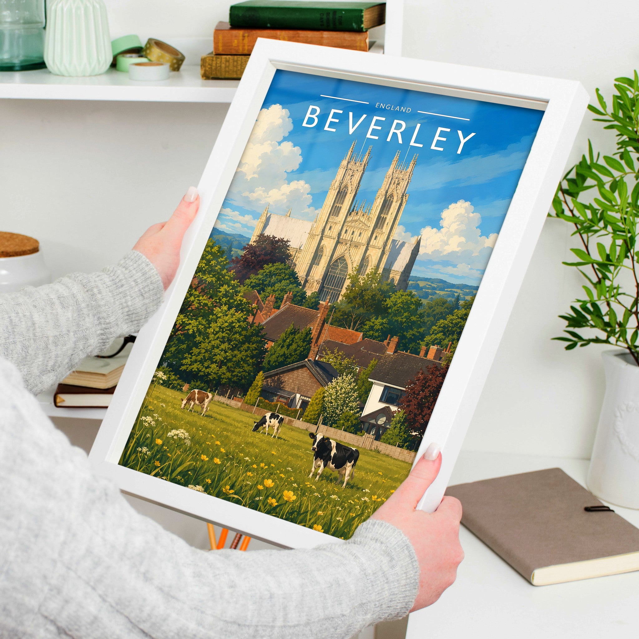 Beverley Travel Poster in a white frame, held to show scale