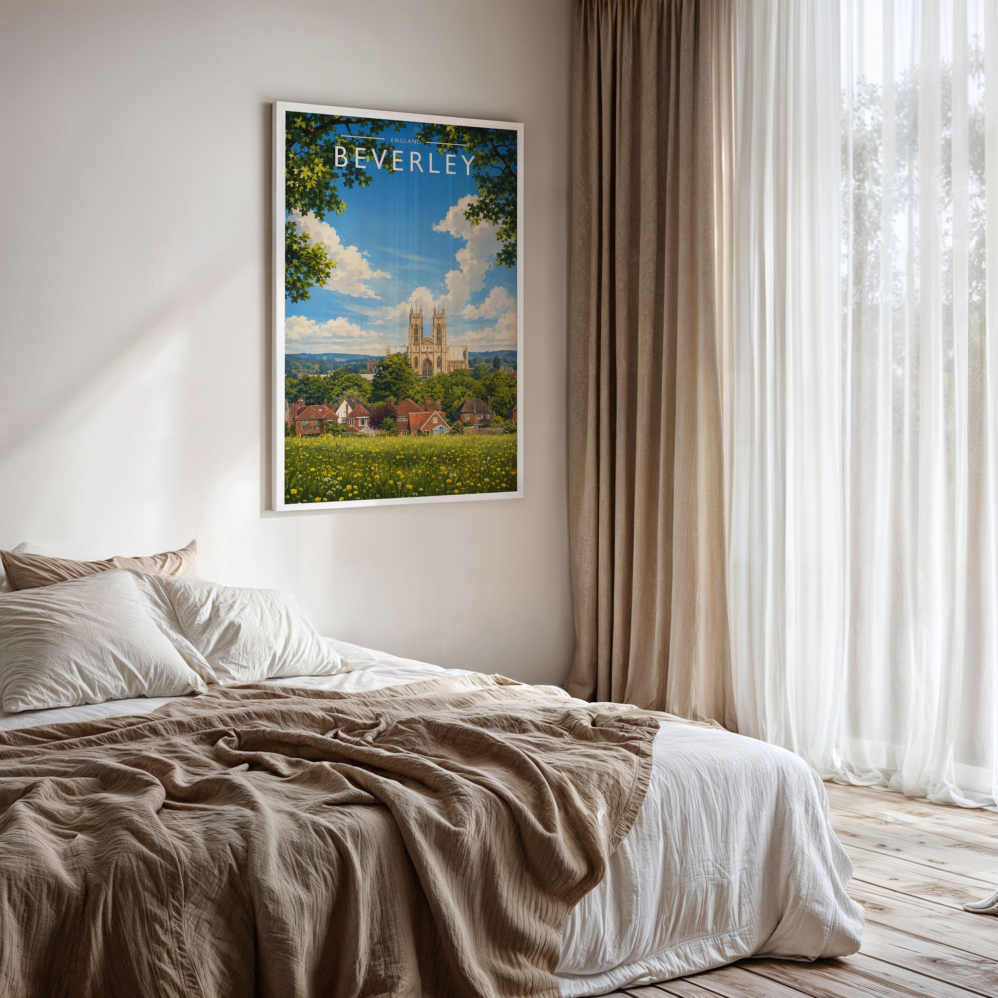 Beverley #2 Travel Poster framed on a bedroom wall