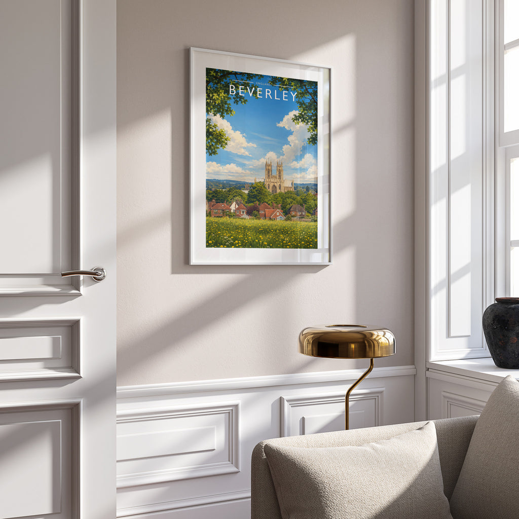 Beverley #2 Travel Poster in a white frame on a panelled wall