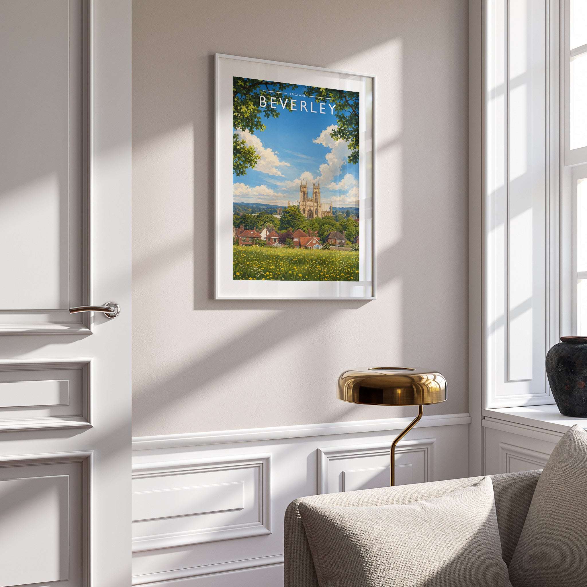 Beverley #2 Travel Poster in a white frame on a panelled wall