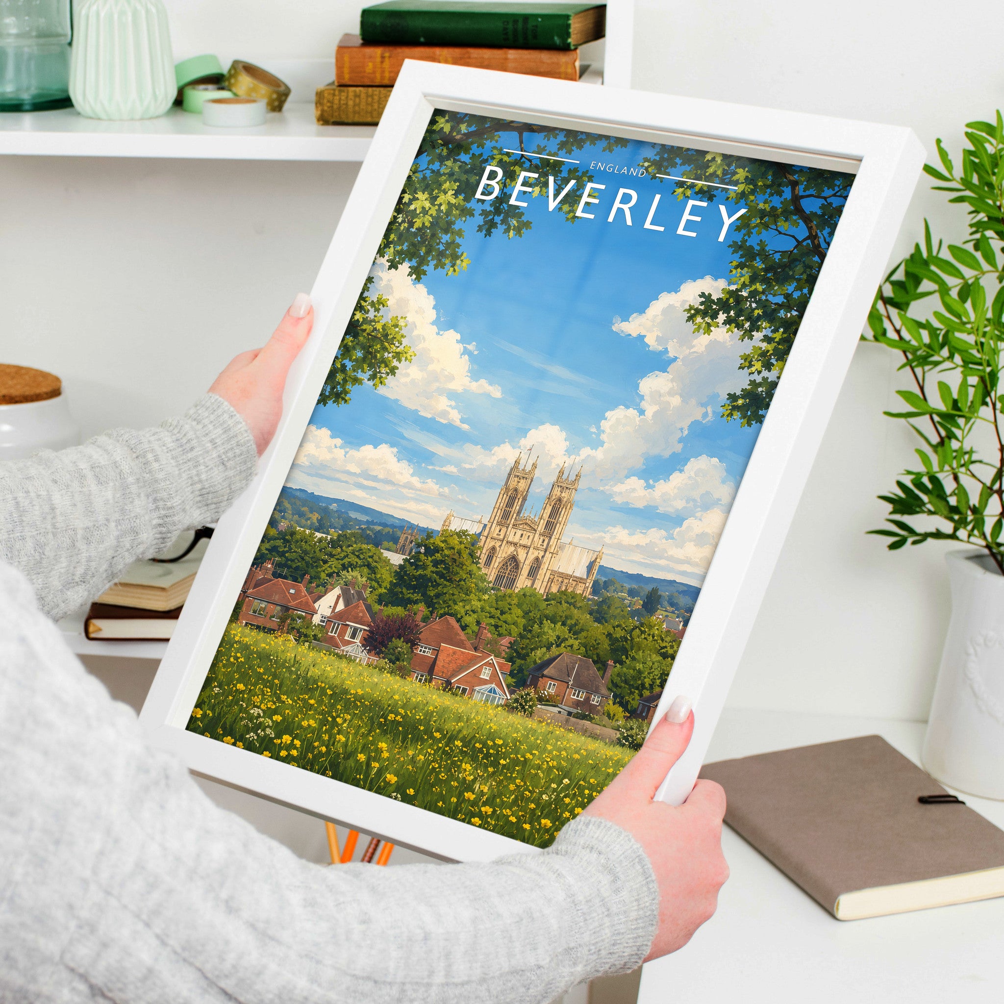 Beverley #2 Travel Poster in a white frame, held to show scale