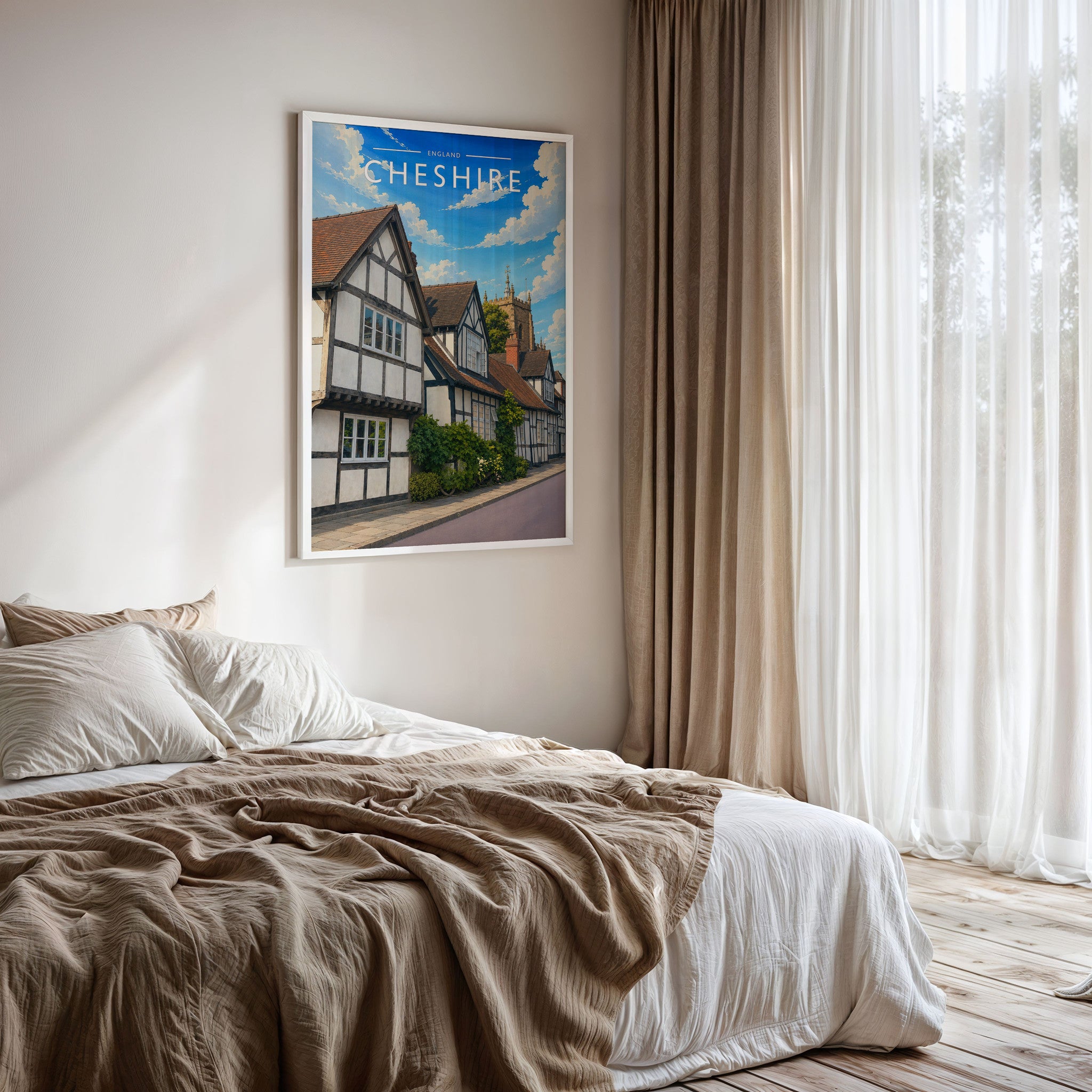 Cheshire Travel Poster framed on a bedroom wall