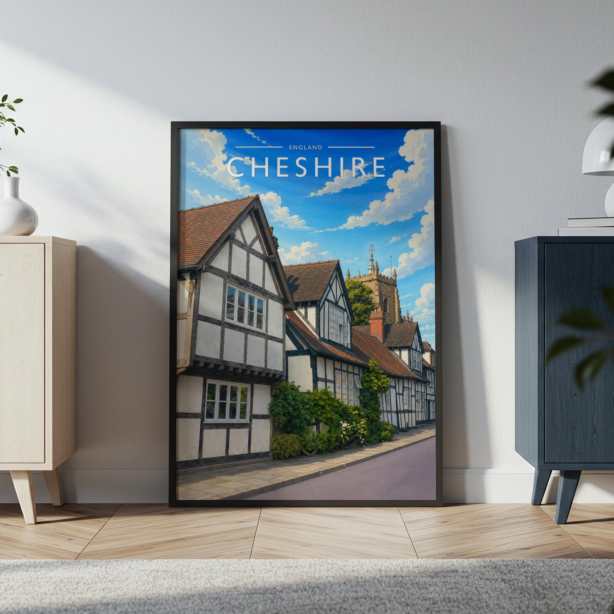 Cheshire Travel Poster in a black frame
