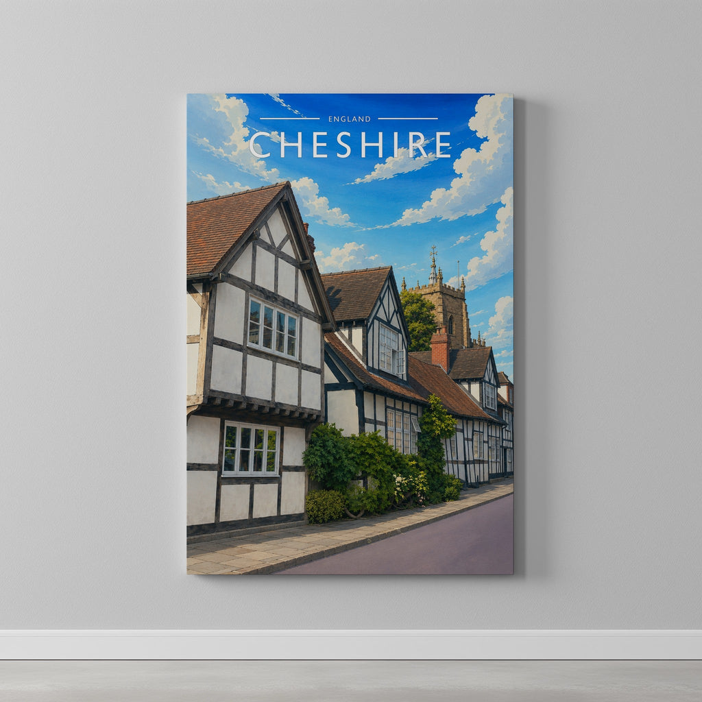 Cheshire Travel Poster as a gallery-wrapped canvas on a plain wall