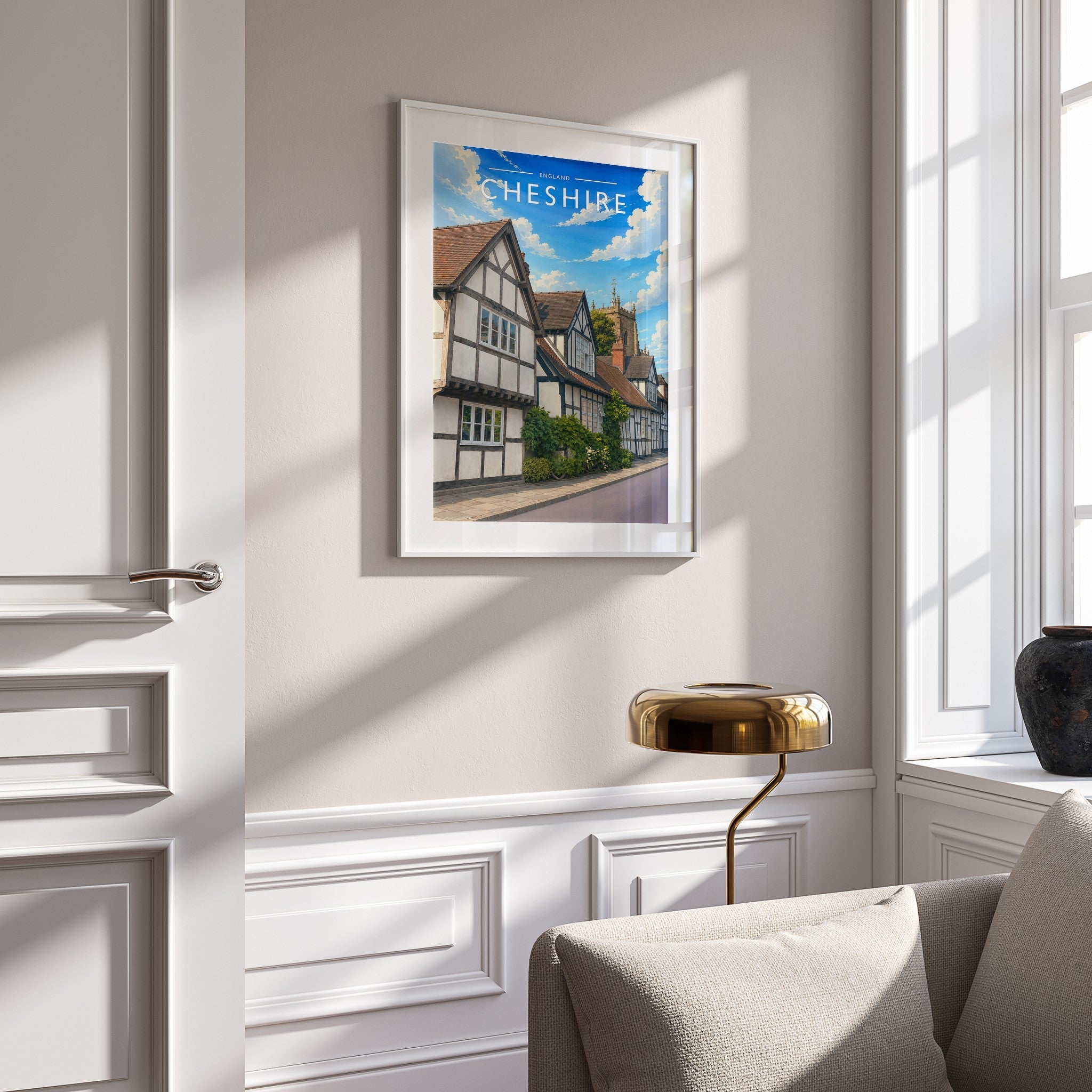 Cheshire Travel Poster mounted in a white frame