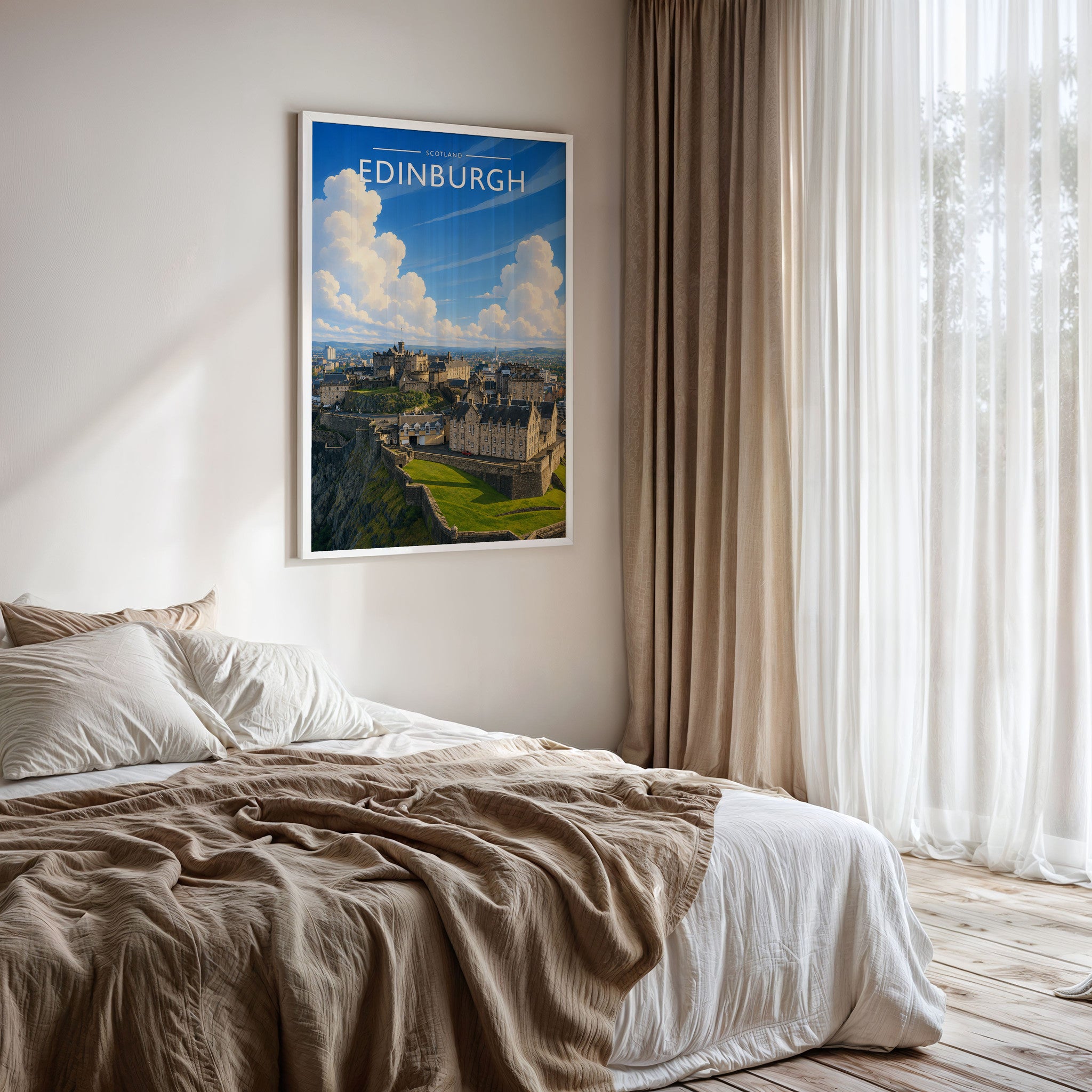 Edinburgh #4 Travel Poster framed on a bedroom wall