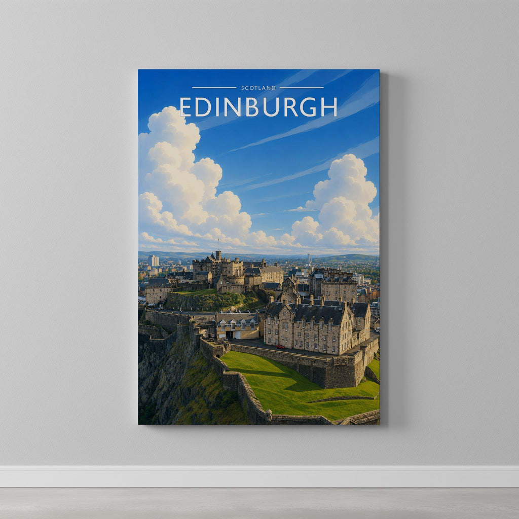 Edinburgh #4 Travel Poster as a gallery-wrapped canvas on a plain wall