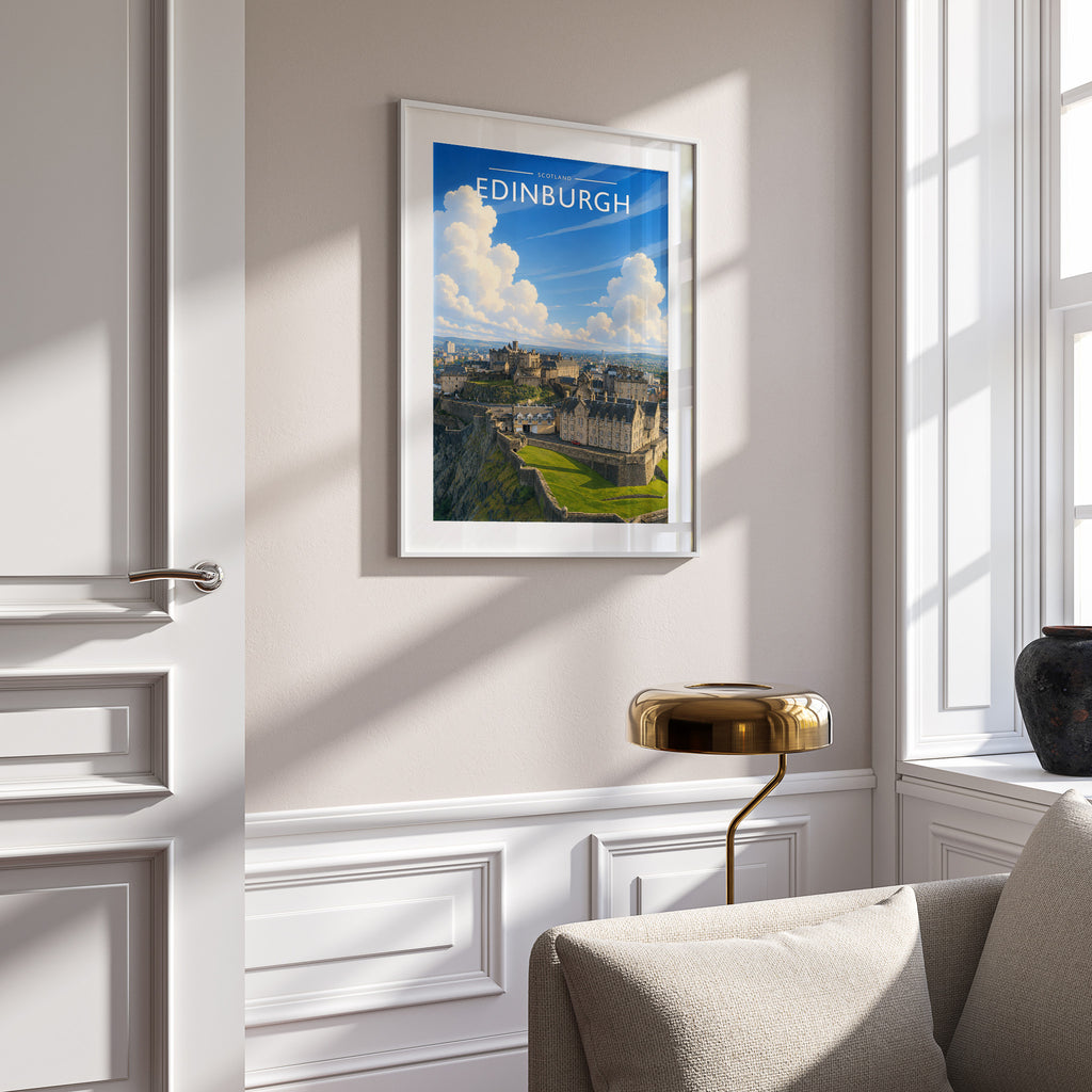Edinburgh #4 Travel Poster in a white frame on a panelled wall