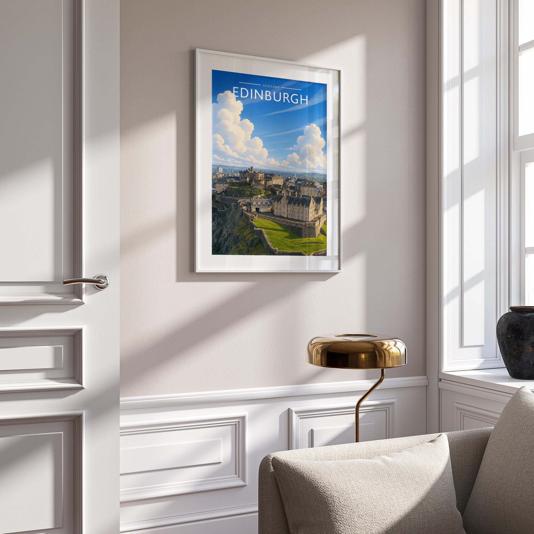 Edinburgh #4 Travel Poster in a white frame on a panelled wall