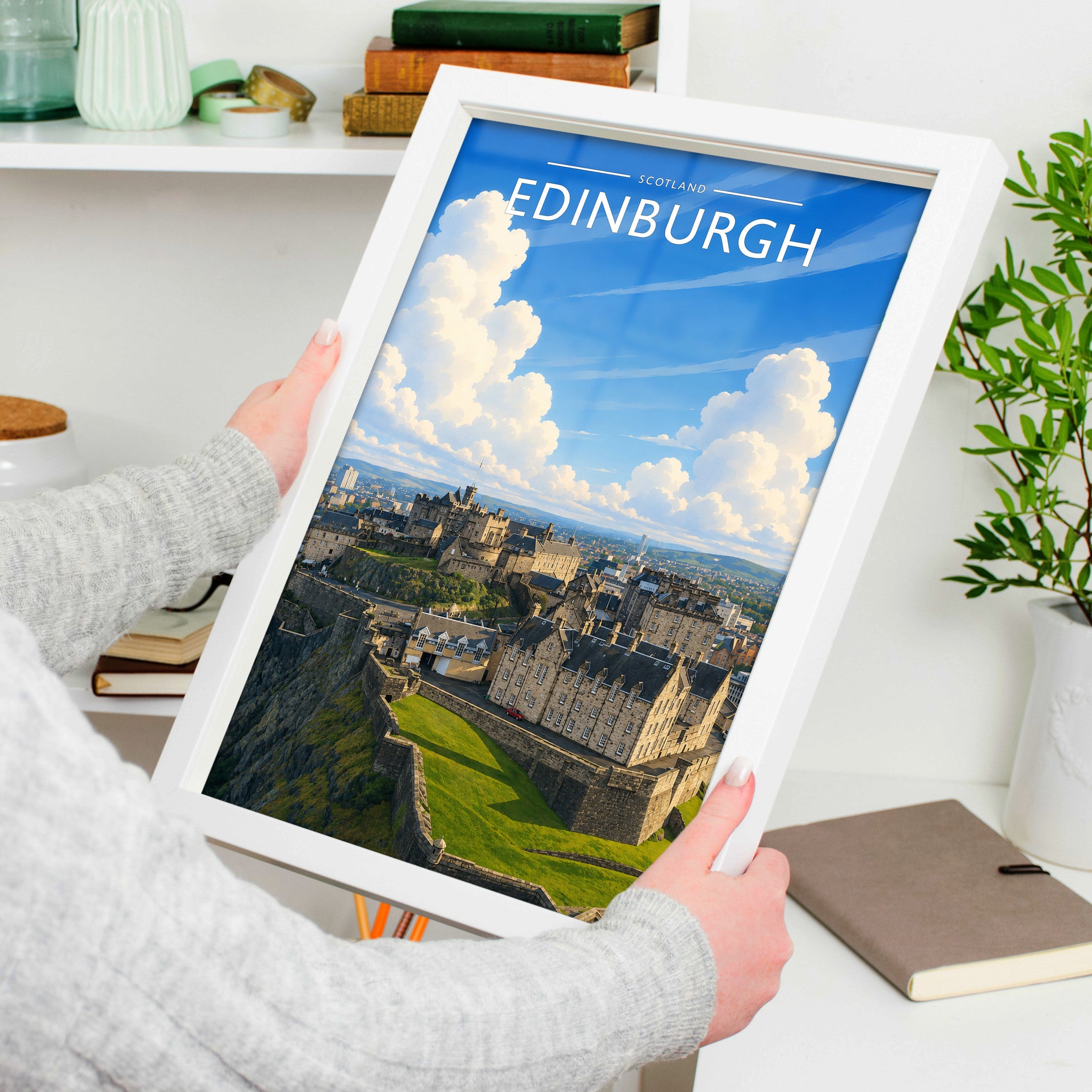 Edinburgh #4 Travel Poster in a white frame, held to show scale