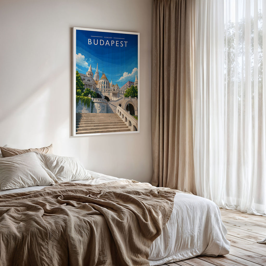 Budapest #2 Travel Poster framed on a bedroom wall