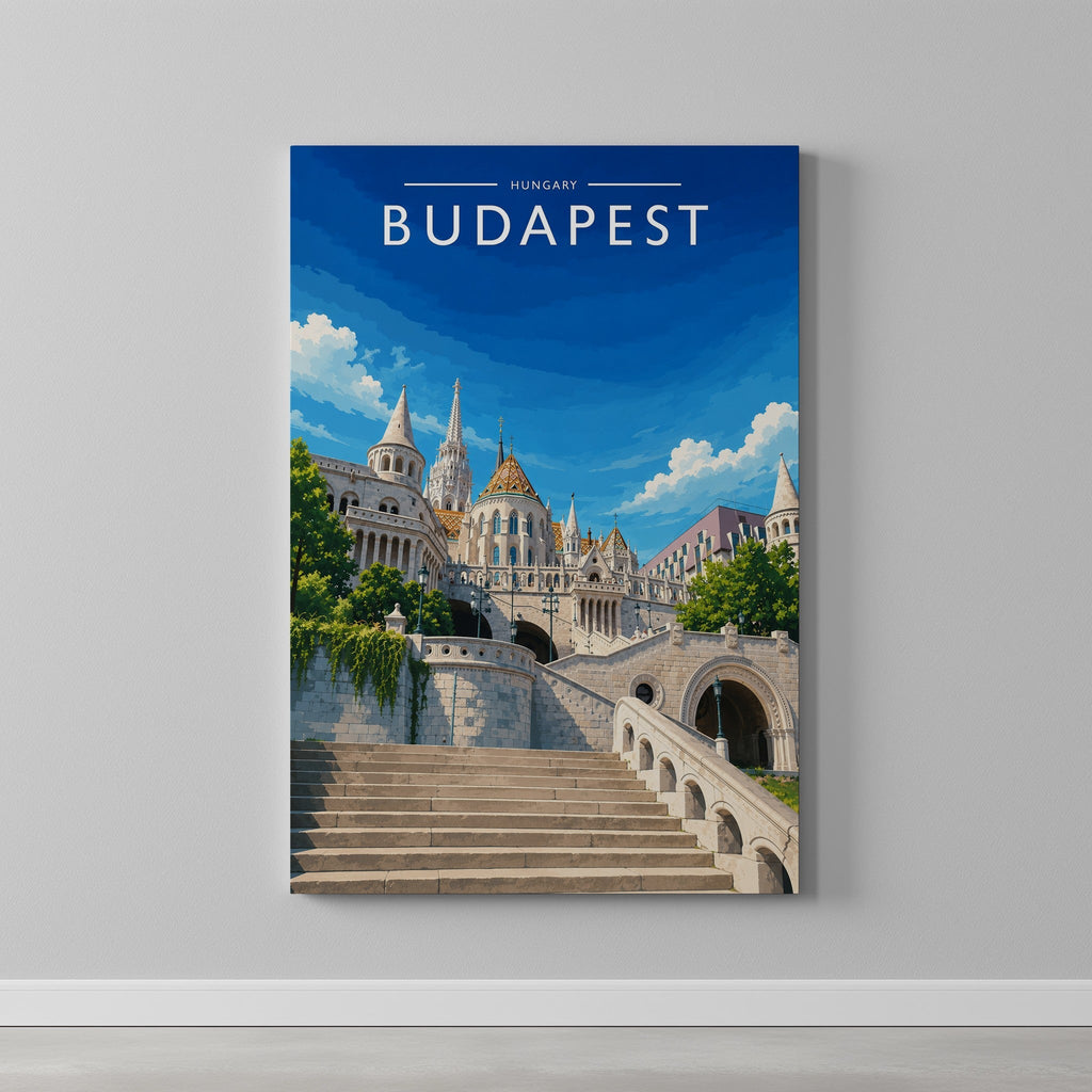 Budapest #2 Travel Poster as a gallery-wrapped canvas on a plain wall