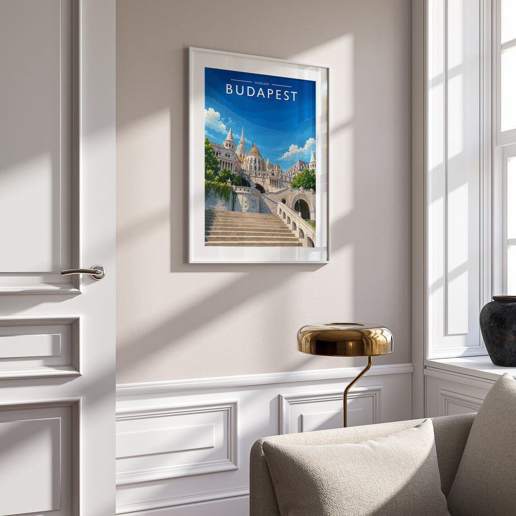 Budapest #2 Travel Poster in a white frame on a panelled wall