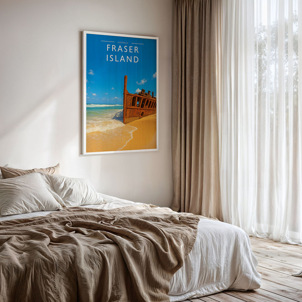 Fraser Island Travel Poster framed on a bedroom wall