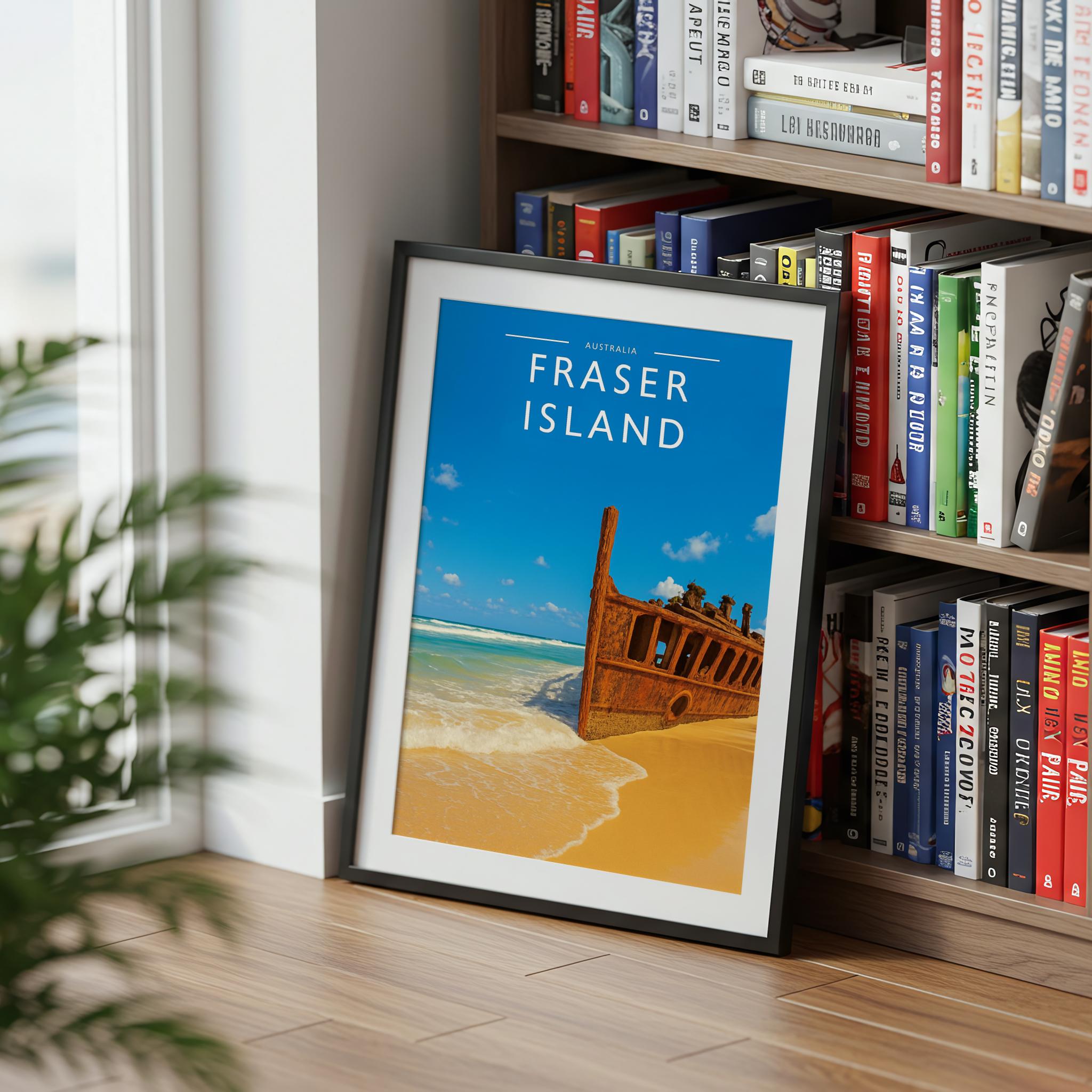 Fraser Island Travel Poster mounted in a black frame