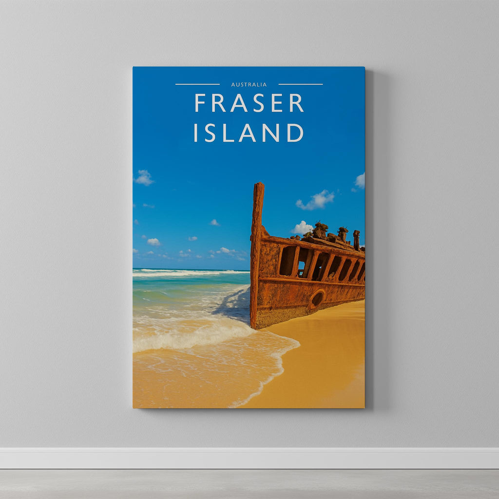 Fraser Island Travel Poster as a gallery-wrapped canvas on a plain wall