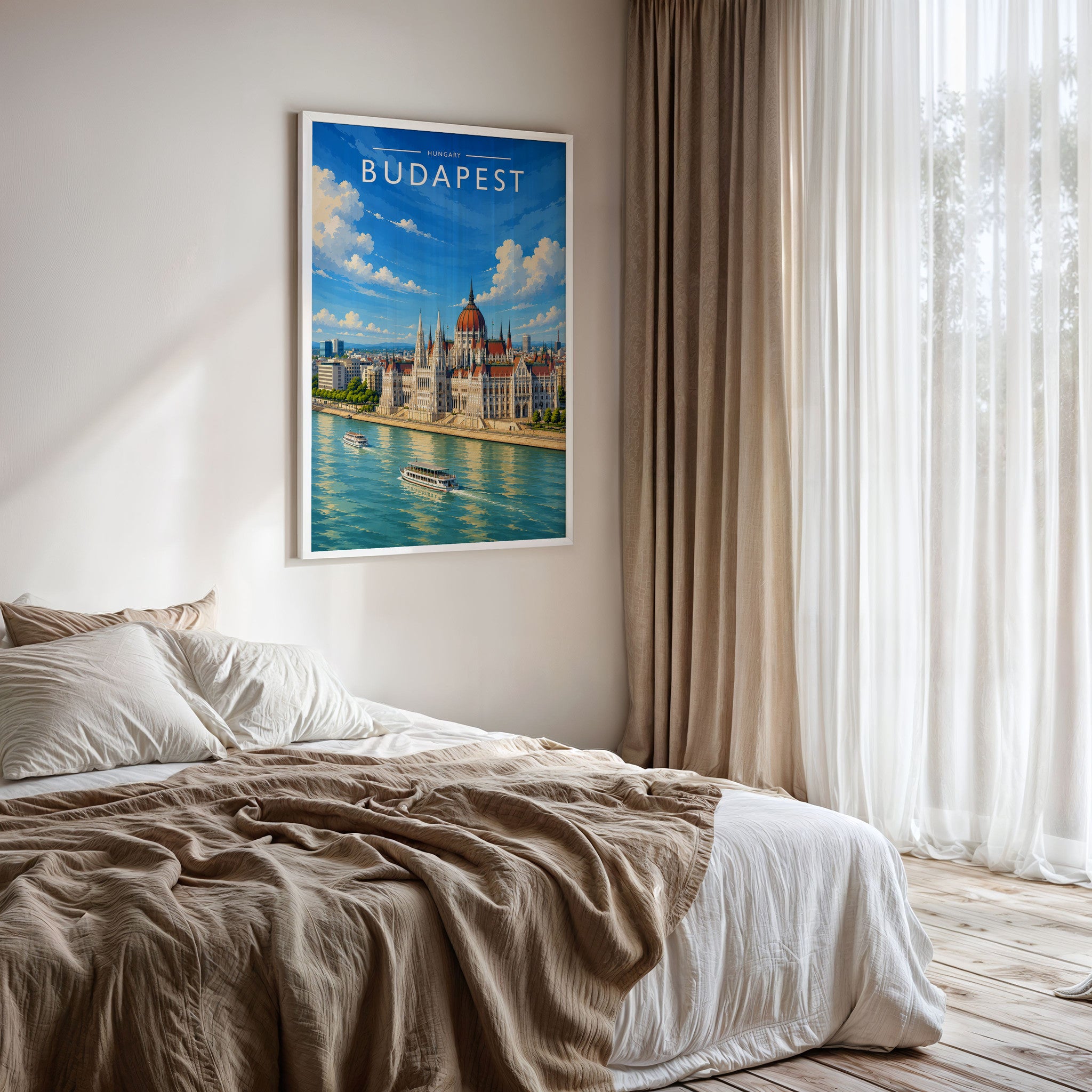 Budapest #3 Travel Poster framed on a bedroom wall