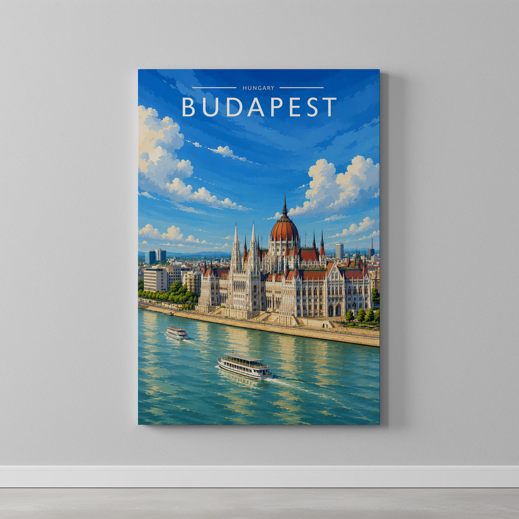 Budapest #3 Travel Poster as a gallery-wrapped canvas on a plain wall