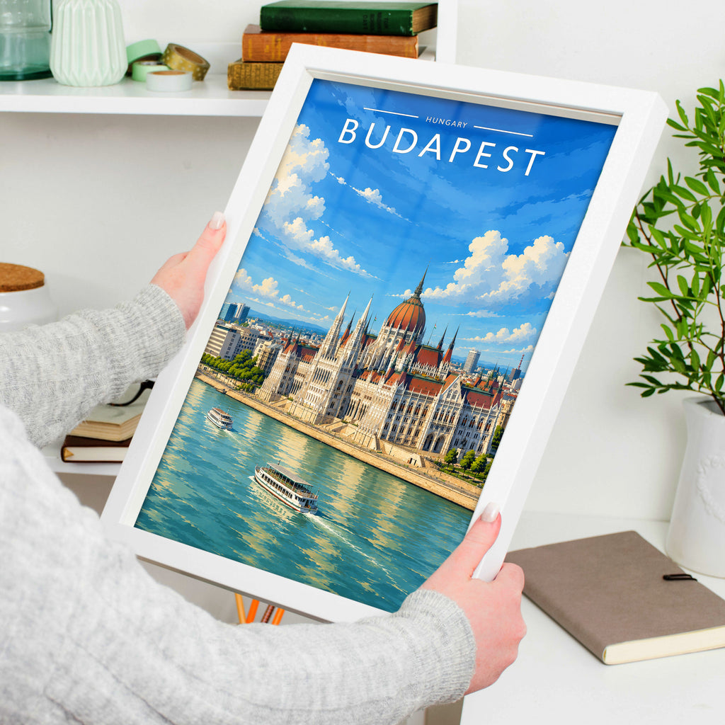 Budapest #3 Travel Poster in a white frame, held to show scale