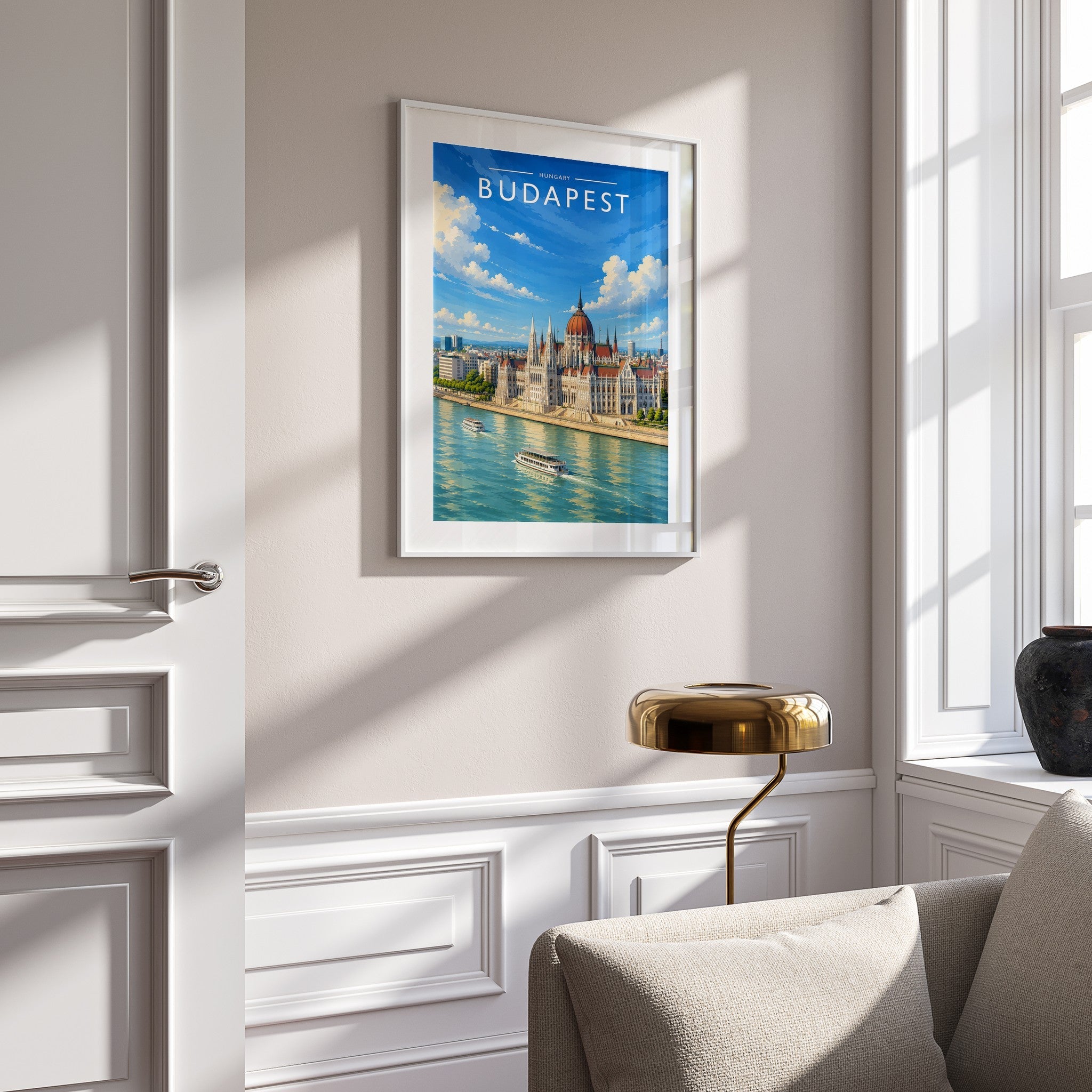 Budapest #3 Travel Poster mounted in a white frame