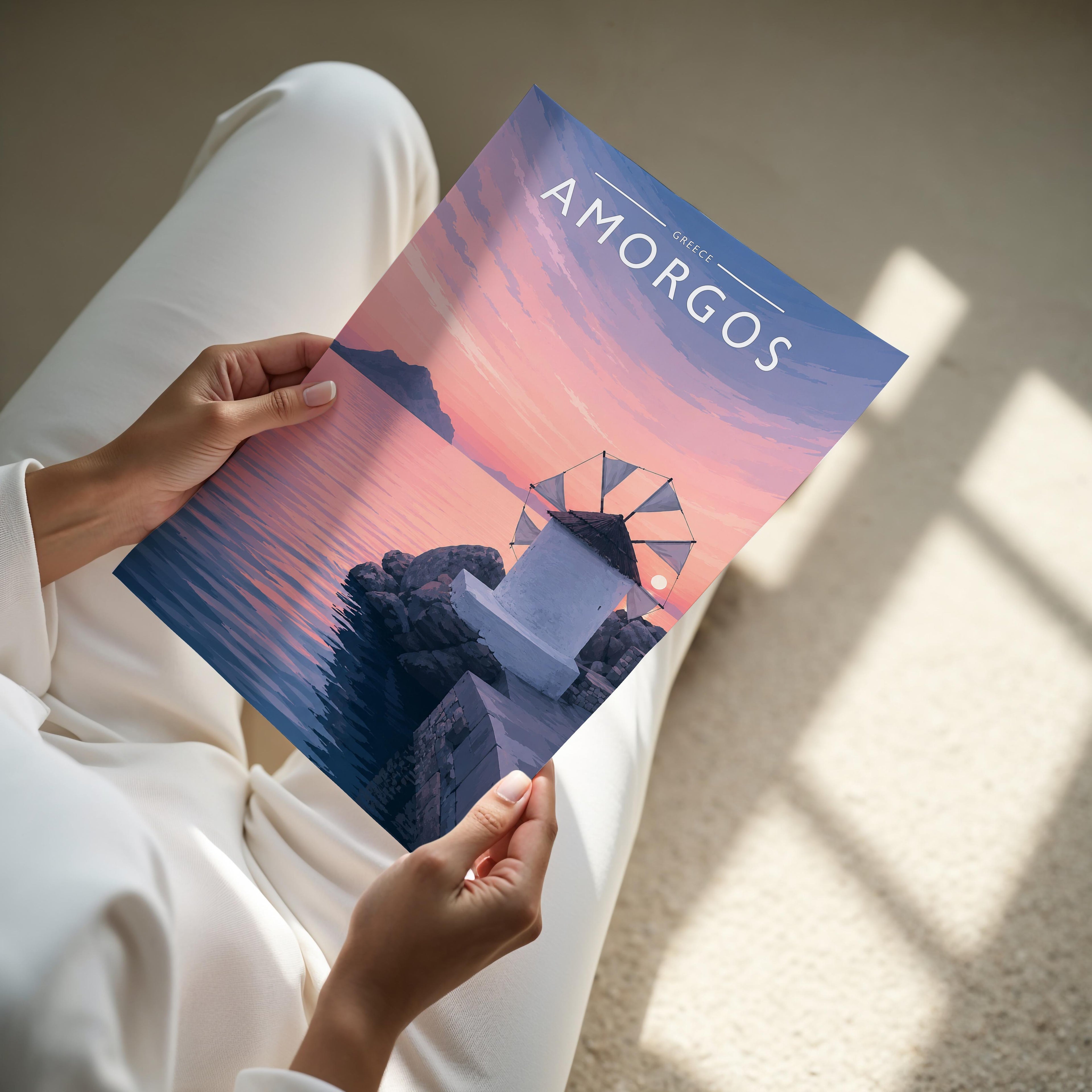 Amorgos Travel Poster - A4 print held in hand