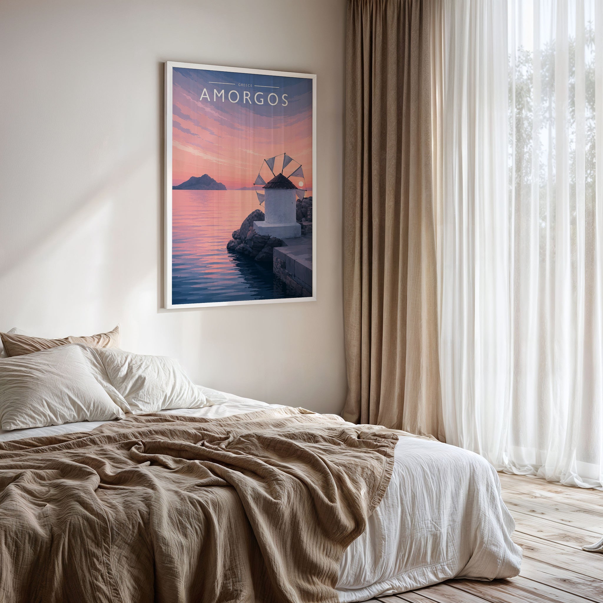 Amorgos Travel Poster framed on a bedroom wall