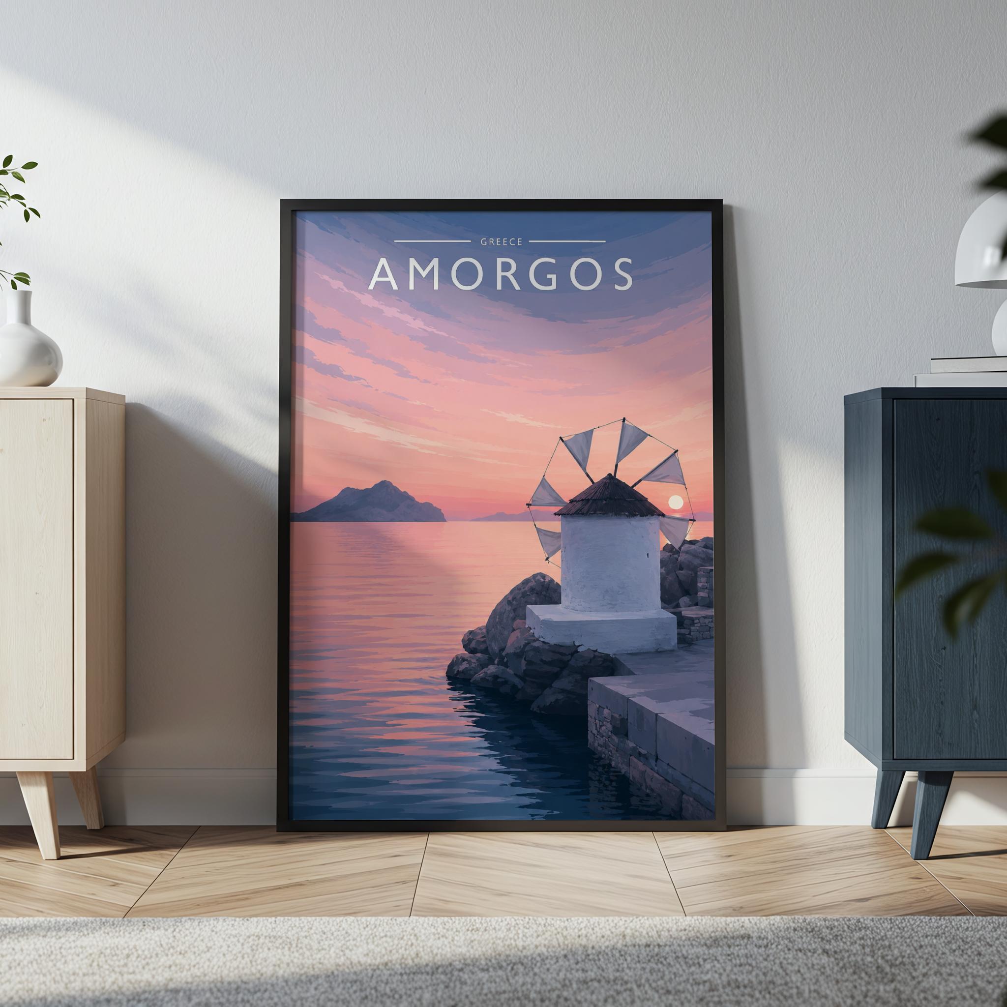 Amorgos Travel Poster in a black frame