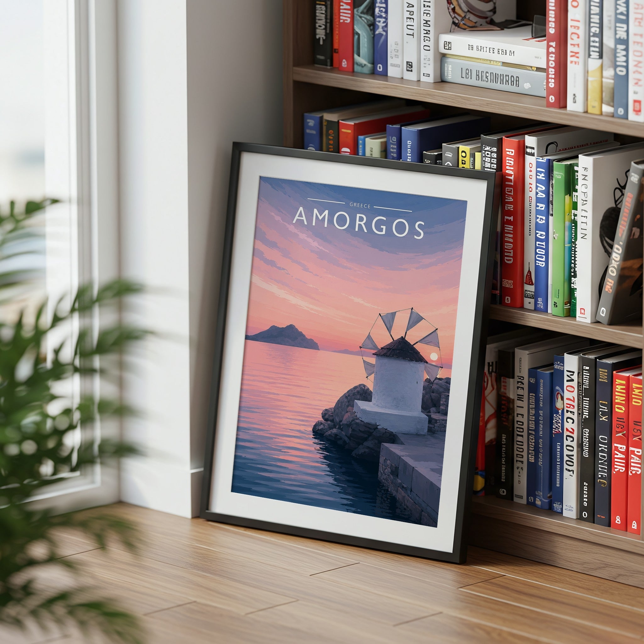 Amorgos Travel Poster mounted in a black frame