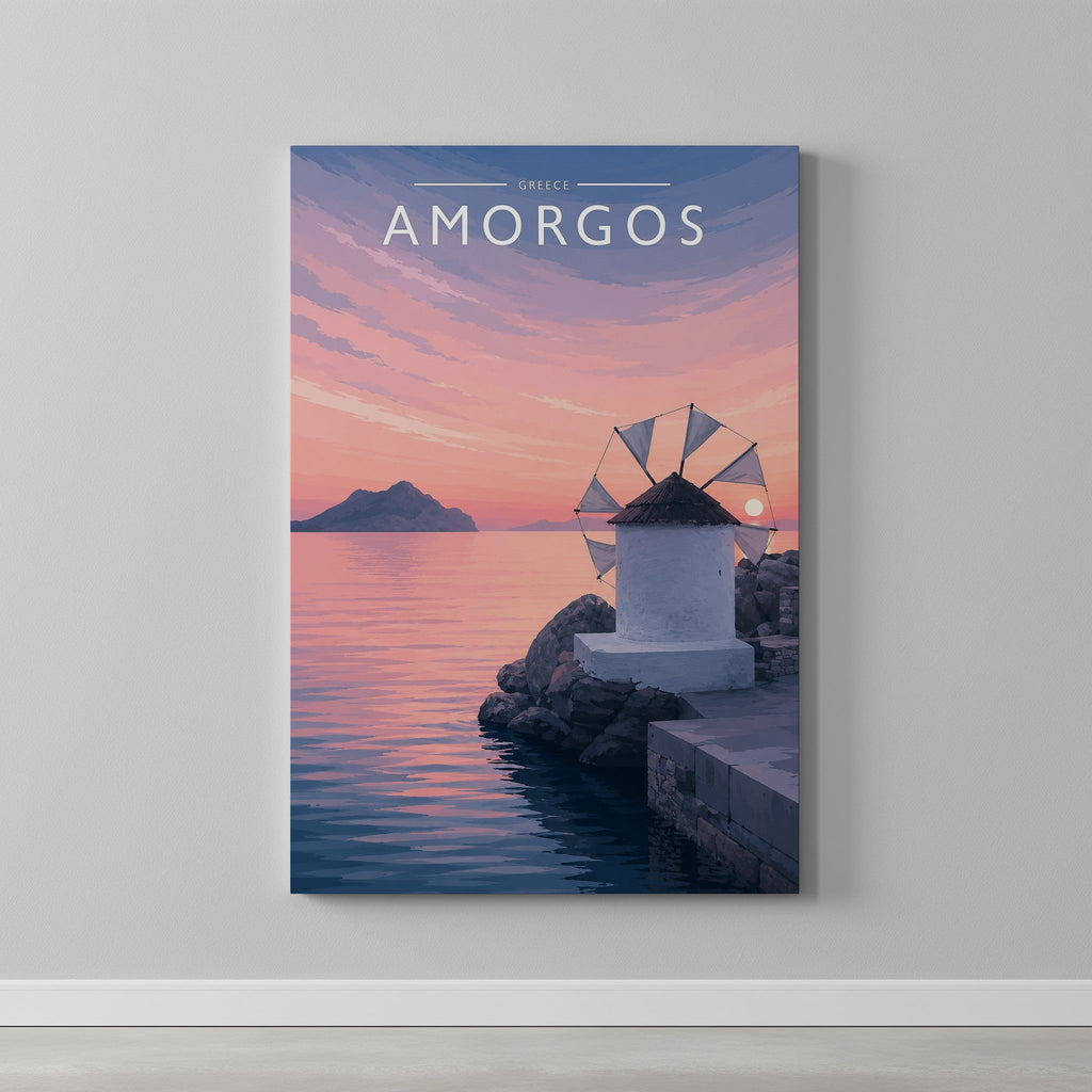 Amorgos Travel Poster as a gallery-wrapped canvas on a plain wall
