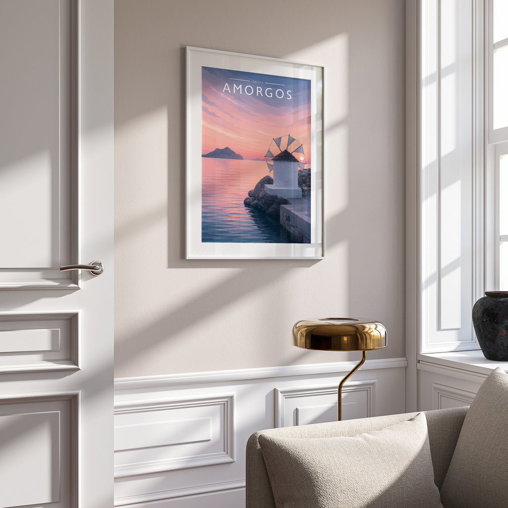 Amorgos Travel Poster in a white frame on a panelled wall