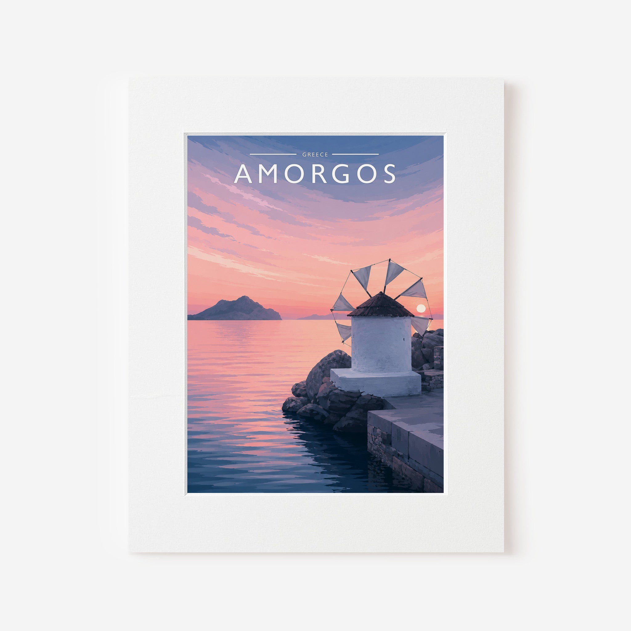 Amorgos Travel Poster in a white mount