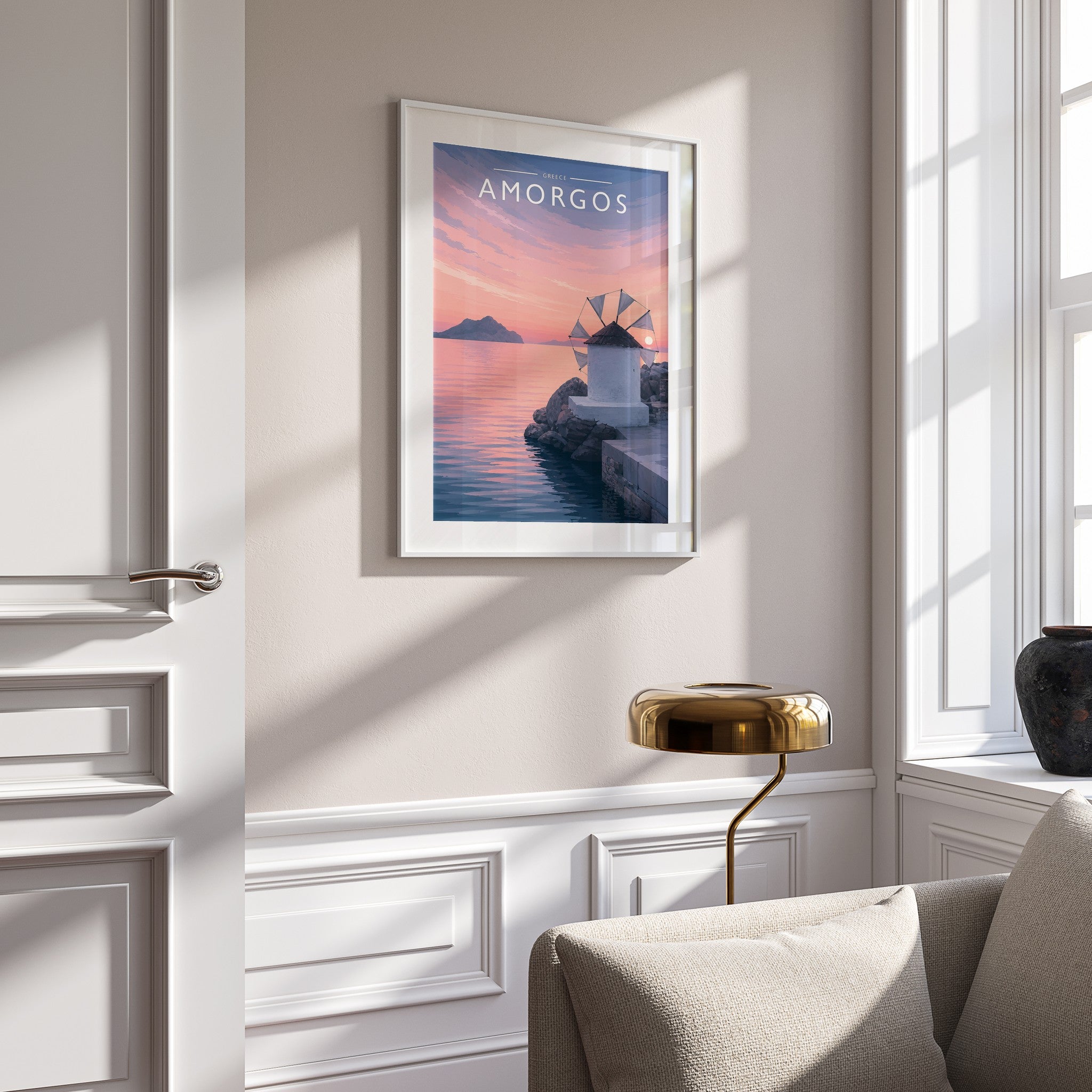 Amorgos Travel Poster mounted in a white frame