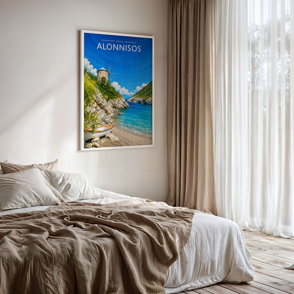 Alonnisos Travel Poster framed on a bedroom wall